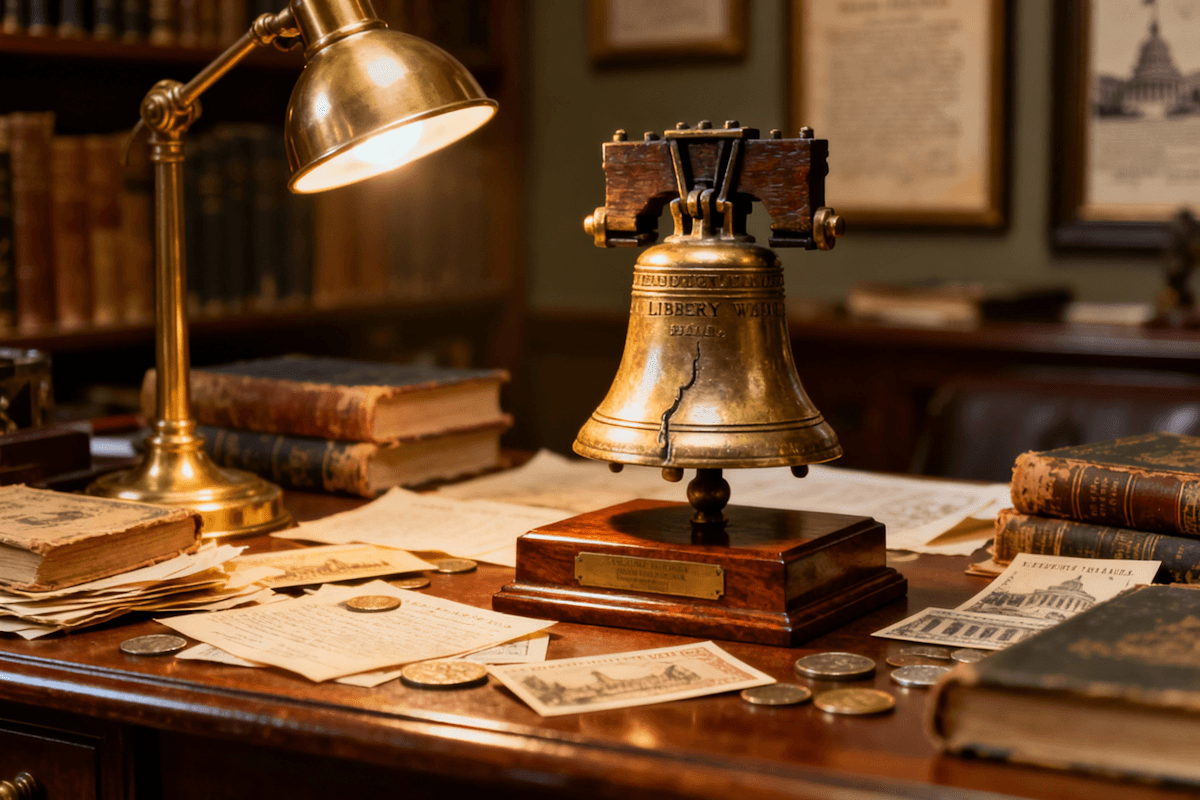 Collector desk with vintage lamp and service bell